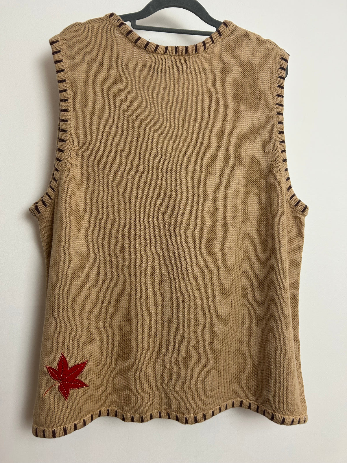 American Vintage 1990s Beige Autumnal Leaf & Pumpkin Applique Vest Waistcoat Cardigan 14-16