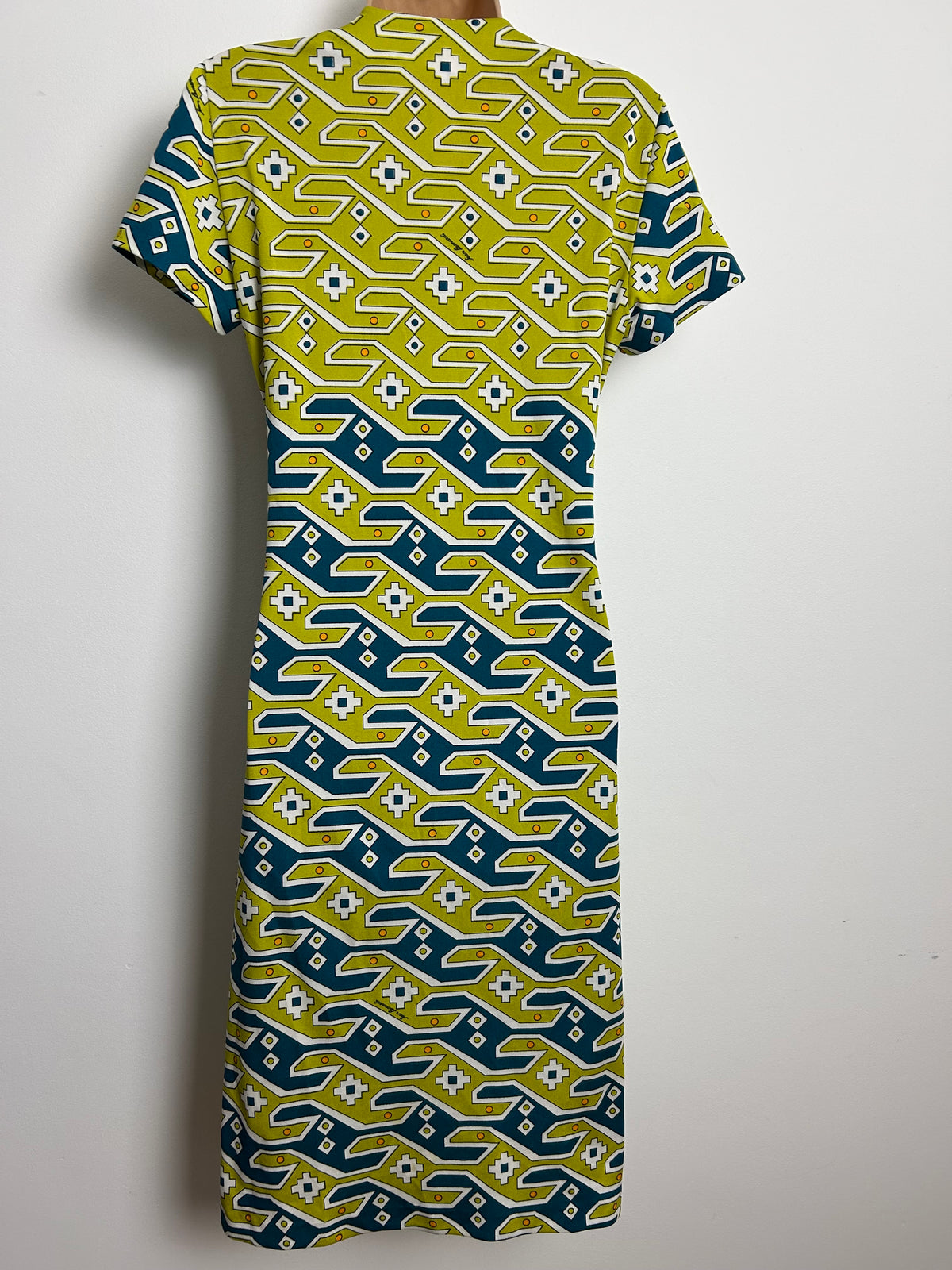 Vintage 1970s Very Rare JEAN LEONARDI Size 12 Signed Fabric Green & Teal Abstract Print Shift Dress