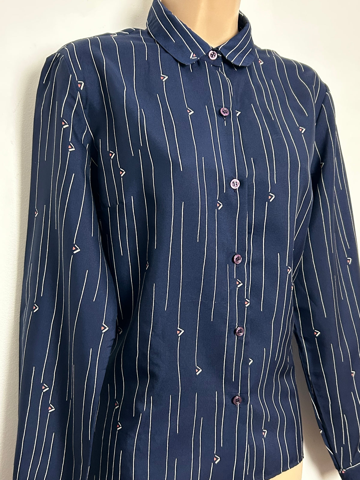 Vintage 1970s MISS HELEN PARIS Size 14 Navy Blue Stripe Geo Print Long Sleeve Shirt