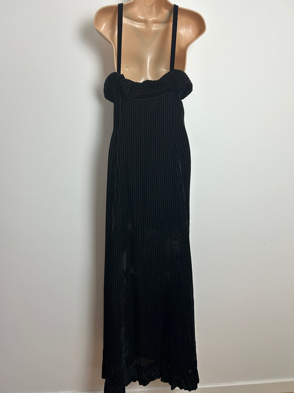 Vintage Late 1960s FRANK USHER Size 8-10 Black Stripe Velvet Halterneck Ruffle Trim Evening Maxi Dress