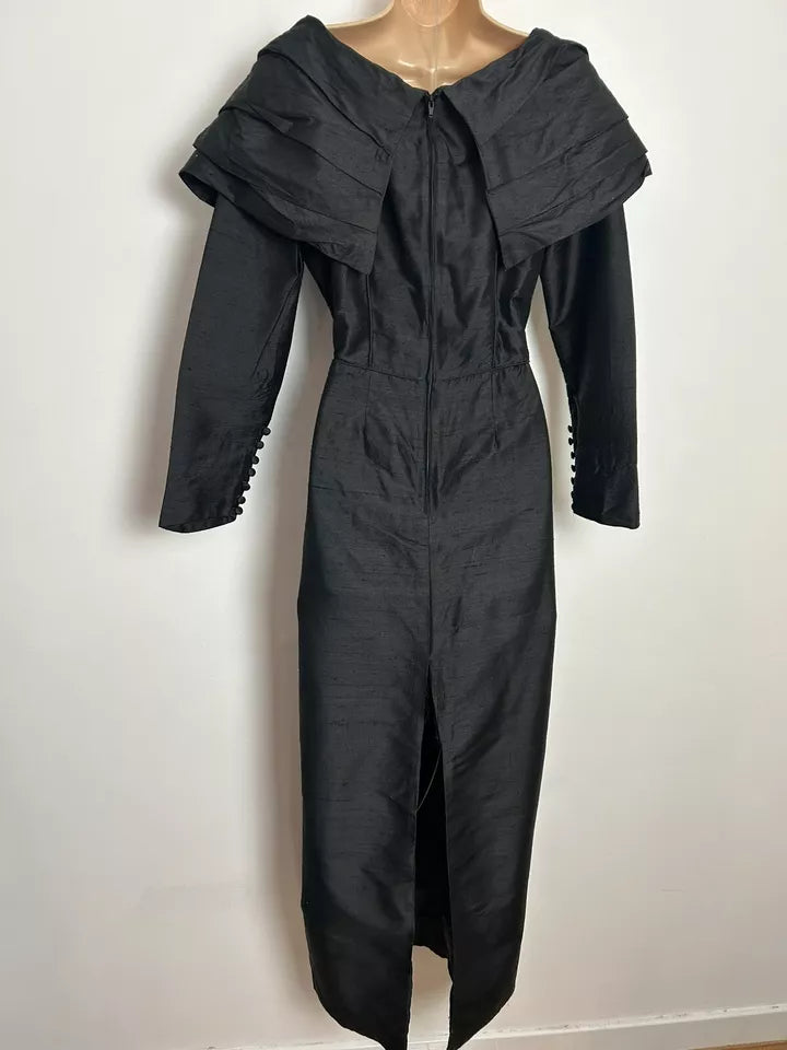 Vintage 1980s LAURA ASHLEY UK Size 8 (Size 10 On Label) Stunning Black 100% Pure Silk Bardot Evening Cocktail Dress