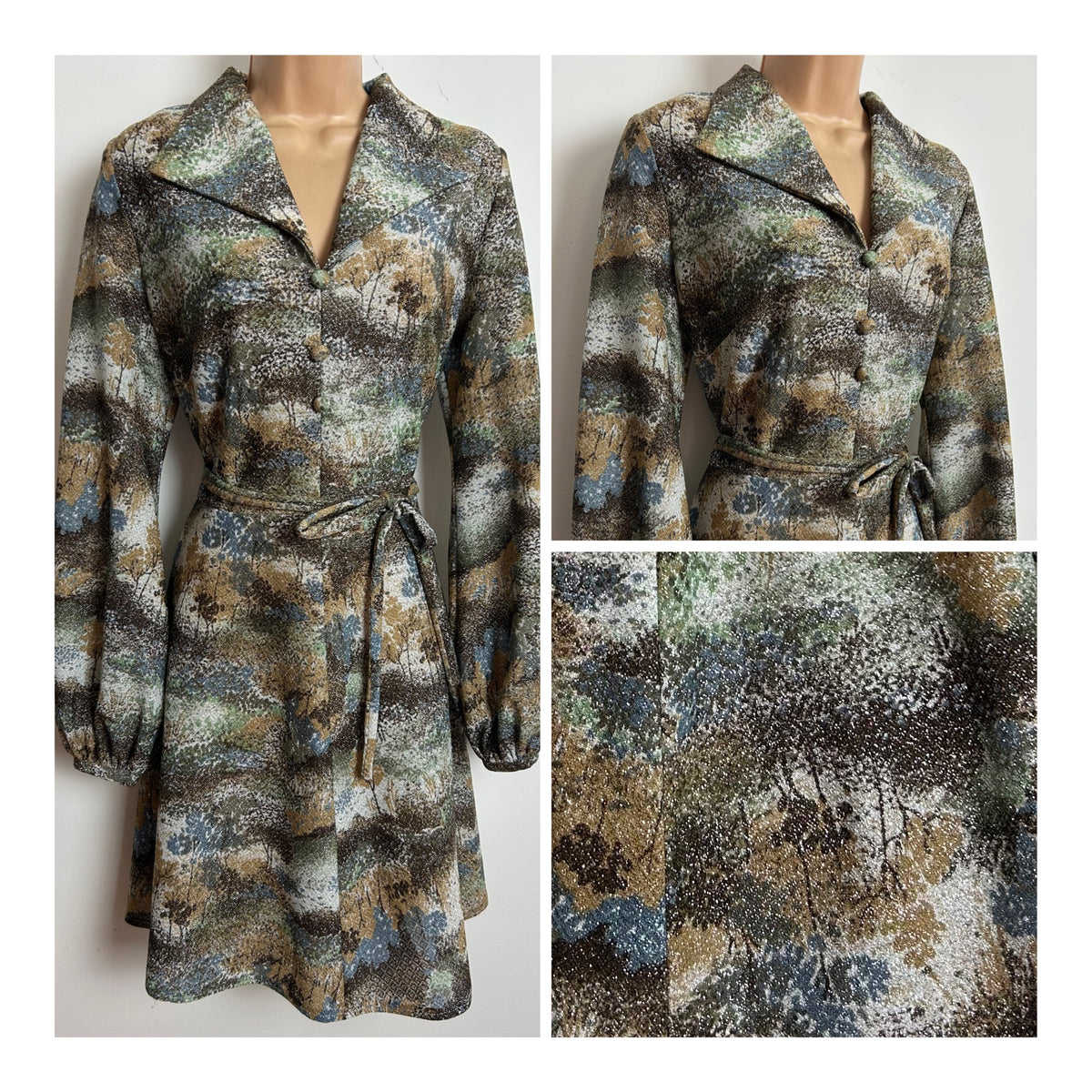 Vintage 1970s CLIVE BYRNE Size 12-14 Silver Brown Green & Beige Abstract Tree Print Lurex Belted Long Sleeve Dress