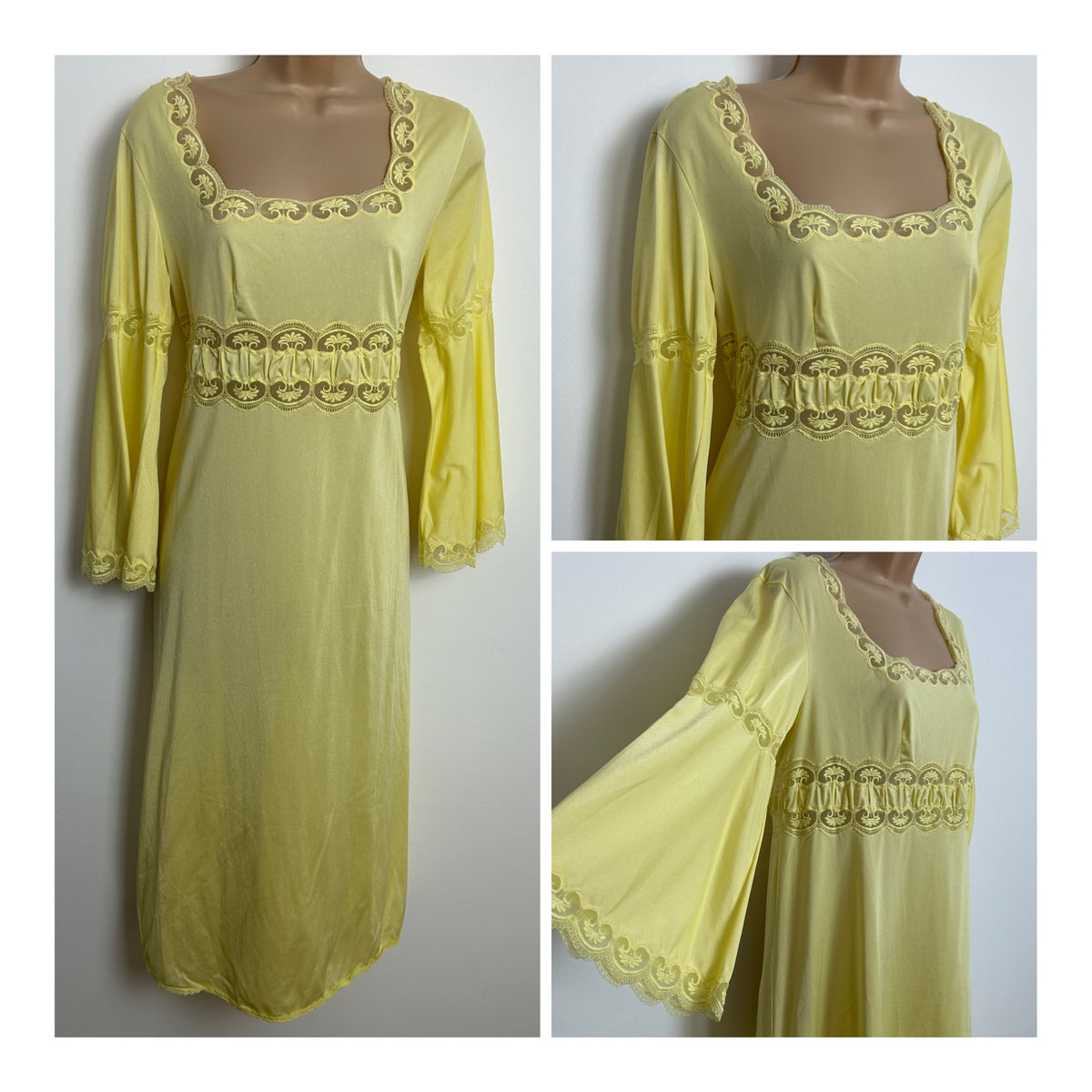 Vintage 1970s BIANCHERIA DI LUSSO Size 12 Cute Nylon Lace Panels Night Dress