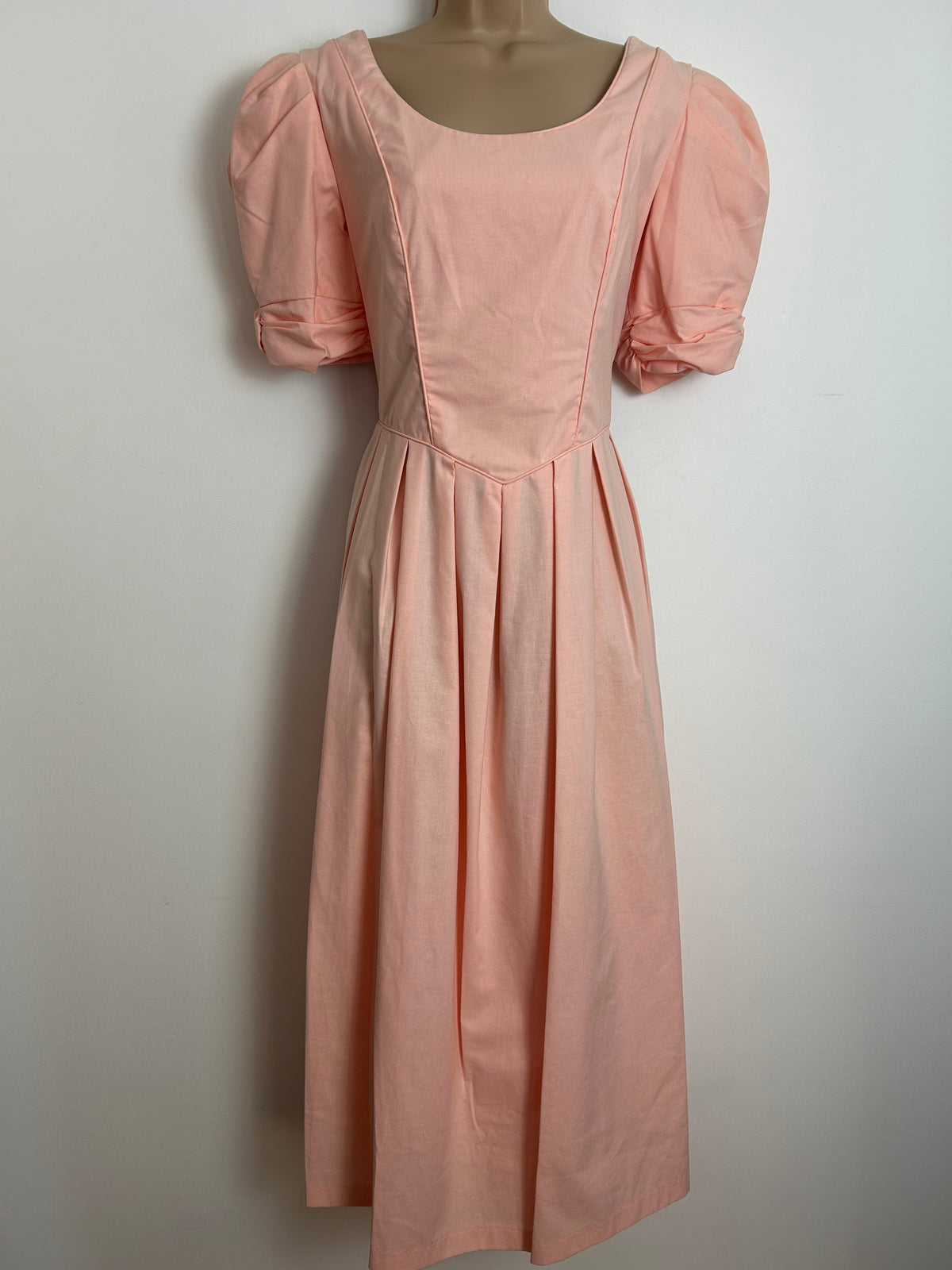 Vintage 1980s LAURA ASHLEY Size 10 (Size 14 On Label) Pale Peach Bustle Back Ballgown Midi Dress