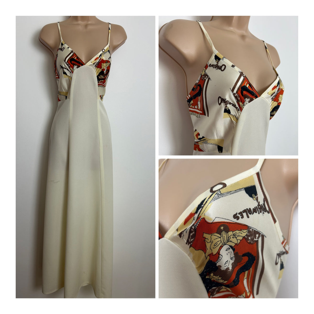 Vintage 1970s Size 8-10 GEORGES DE FEURE LITHOGRAPHIES ORIGINALES Novelty Print Cream Summer Maxi Dress
