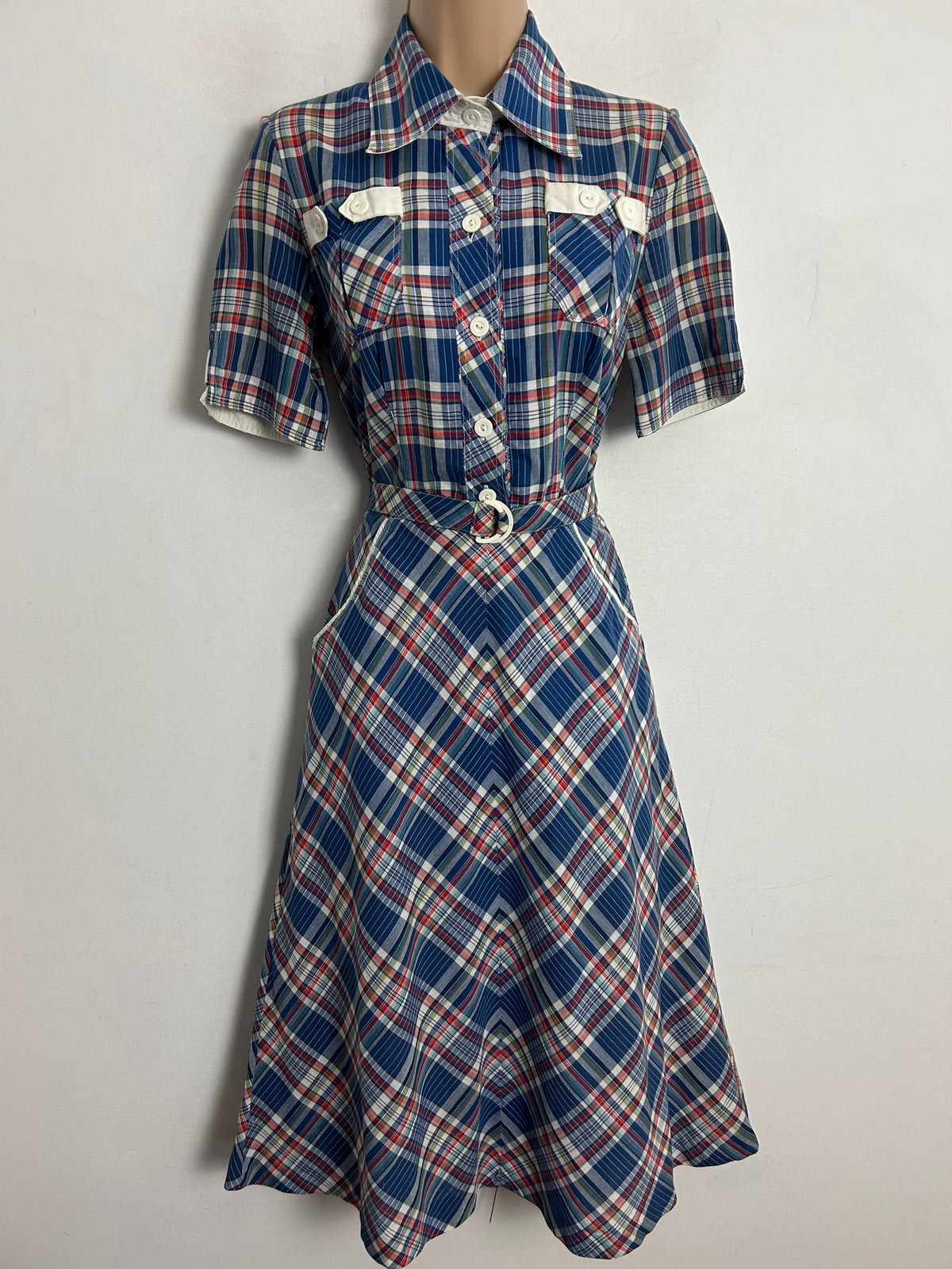 Vintage Late 1970s UK Size 8 Blue Red & White Check Print Cotton Pocket Detail Belted Day Dress