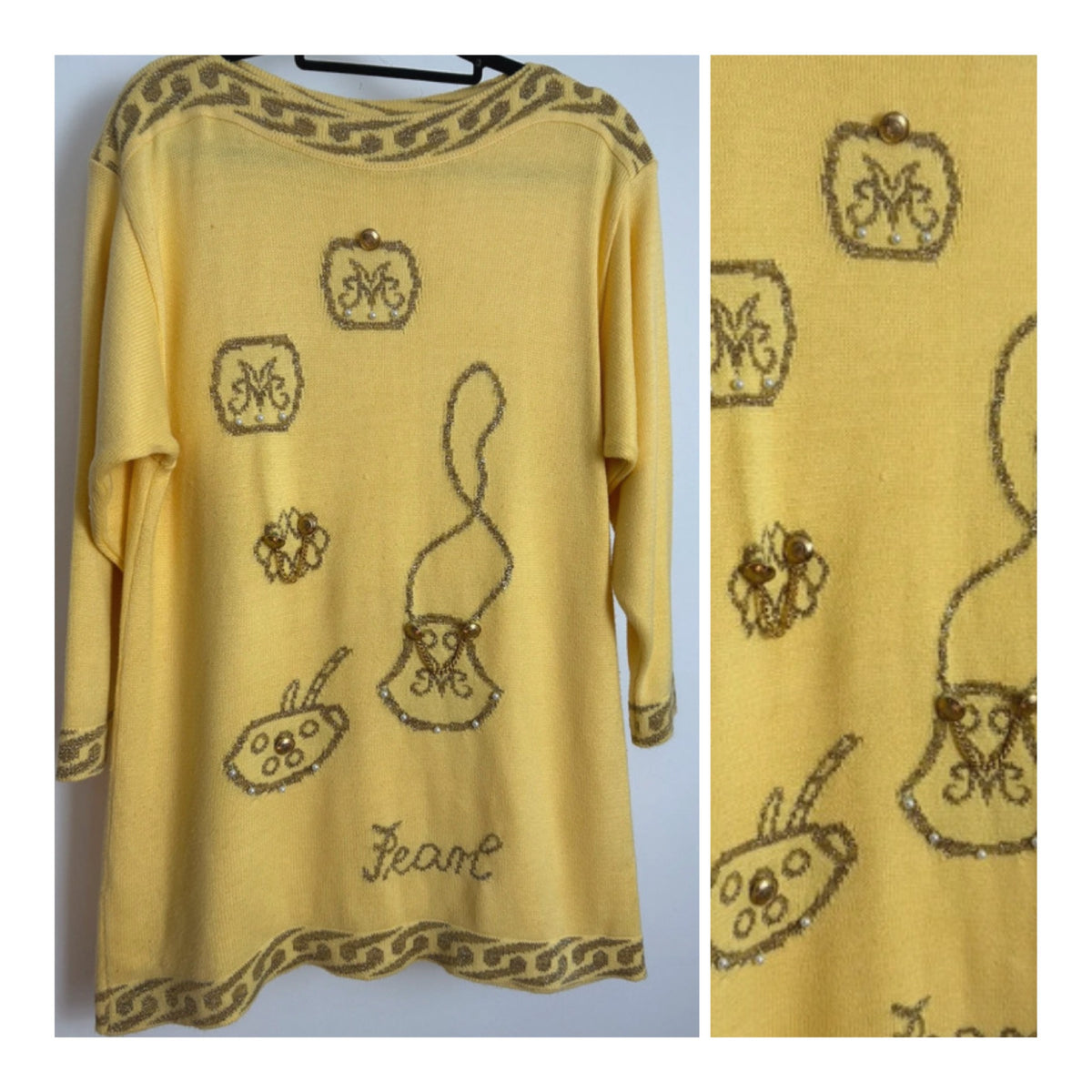 Vintage 1990s Size 14 Yellow & Gold Handbag & Purses Pattern Novelty Jumper
