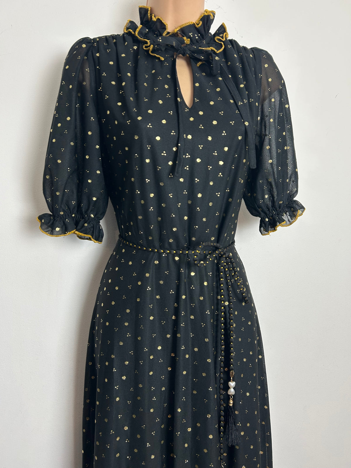 Vintage 1970s Size 10 Black & Metallic Gold Spot Print Belted Prairie Evening Maxi Dress