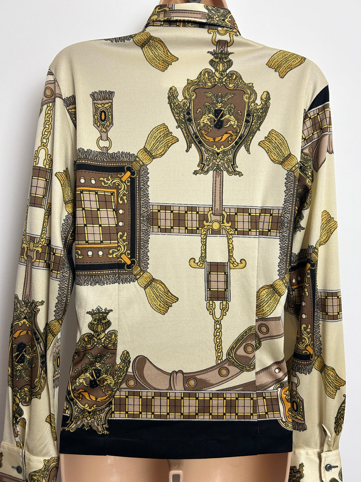 Vintage Early 1980s Size 14 PAUL DAREL SIGNED Cream & Brown Baroque Equestrian Print Shirt