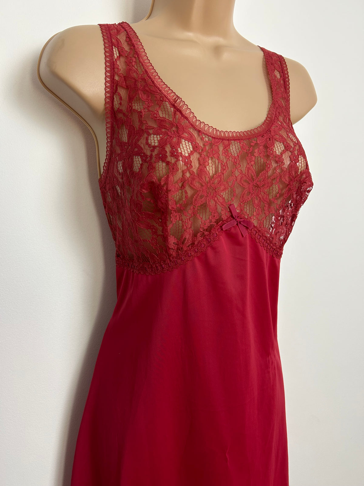 Vintage Size 10 Dark Red Lace Trim Nylon Mini Slip