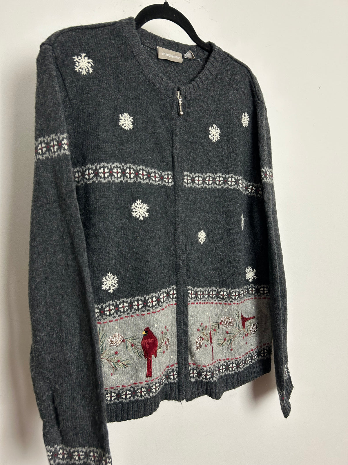 Vintage 1990s CROFT & BARROW Size 14-16 Dark Grey Snowflake & Bird Pattern Zip Up Ramie Mix Cardigan