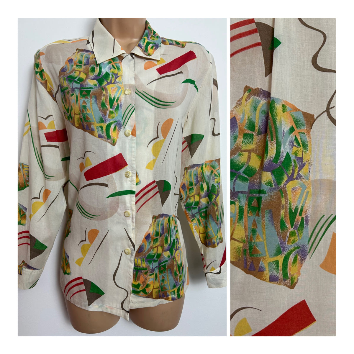 Japanese Vintage Early 1980s Size 14 Cream Red Green Yellow Abstract Print Cotton Long Sleeve Shirt