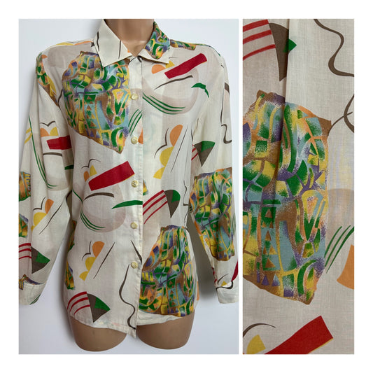 Japanese Vintage Early 1980s Size 14 Cream Red Green Yellow Abstract Print Cotton Long Sleeve Shirt