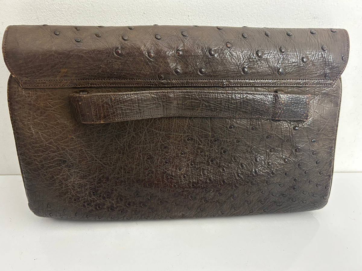 Vintage 1950’s Large Brown Ostrich Leather Clutch Bag With Hand Strap To The Back
