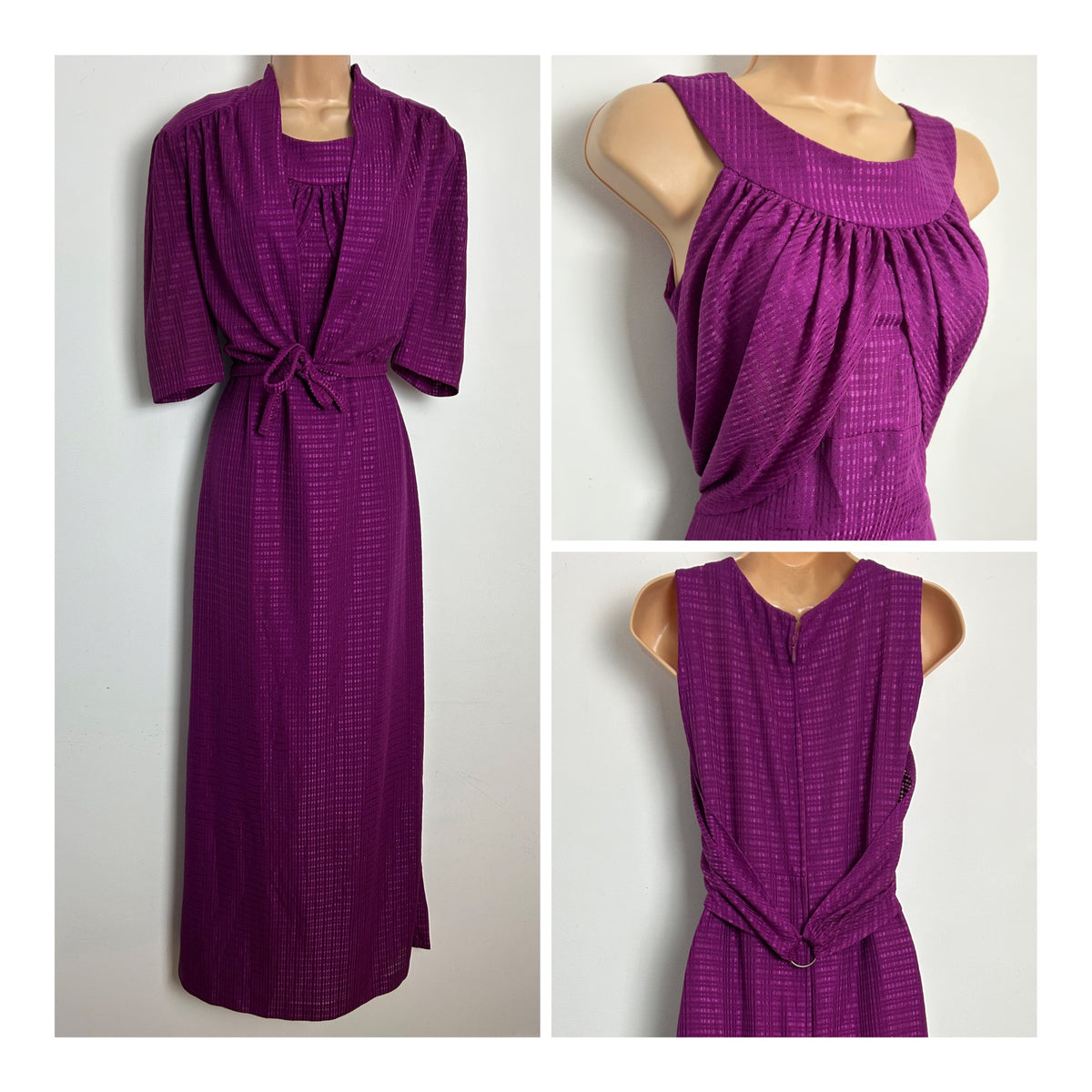 Vintage Late 1970s Size 12 Magenta Two Piece Maxi Dress With Matching Cover Up