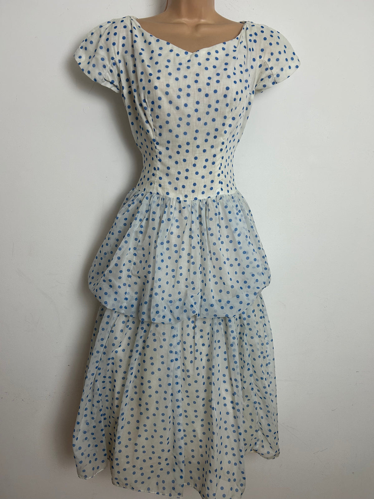 Vintage Late 1950s PECK & PECK Size 8 White & Blue Polka Dot Layered Party Prom Occasion Dress