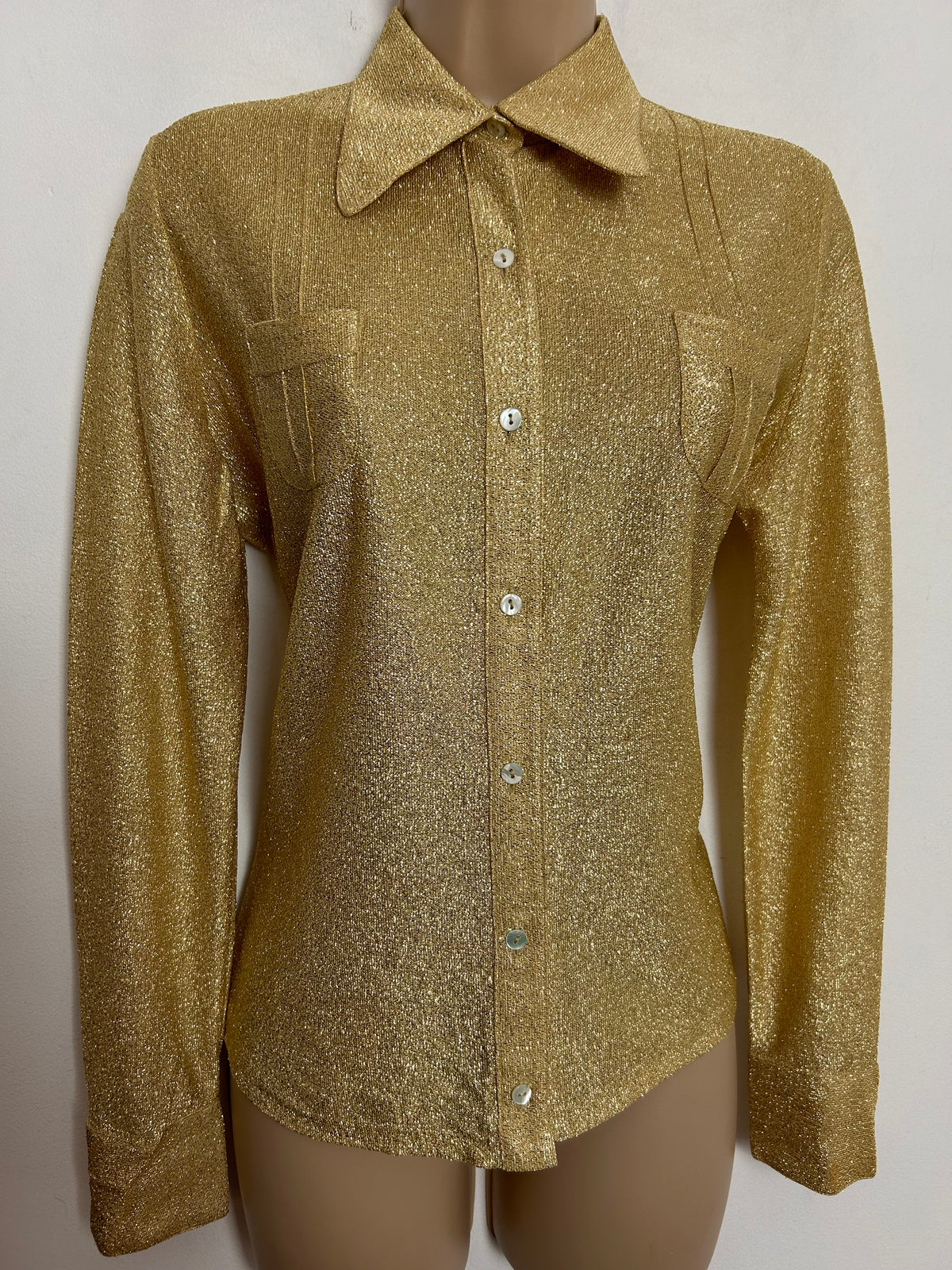 Vintage 1970s UK Size 10-12 Gold Lurex Pocket Detail Long Sleeve Party Shirt