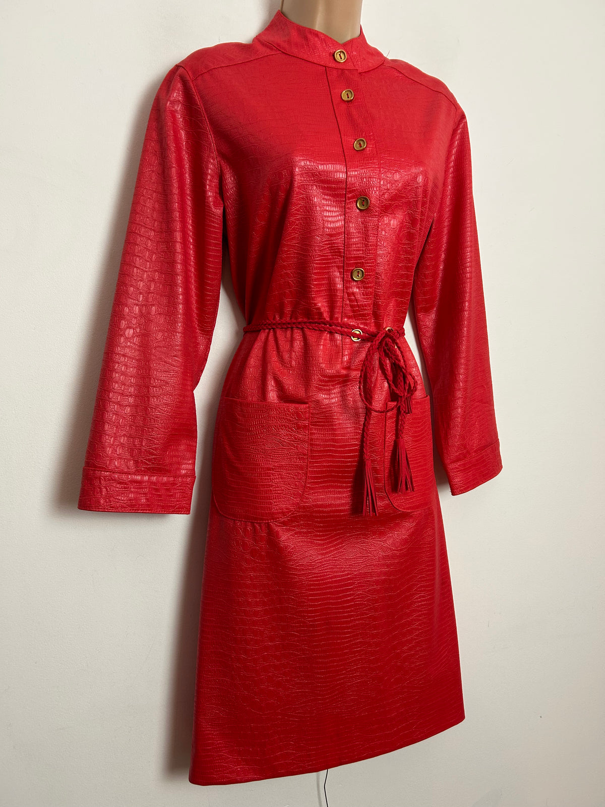 Vintage 1980s HANBURY LTD UK Size 10-12 Red Wet Look Reptile Print Long Sleeve Belted Day Dress