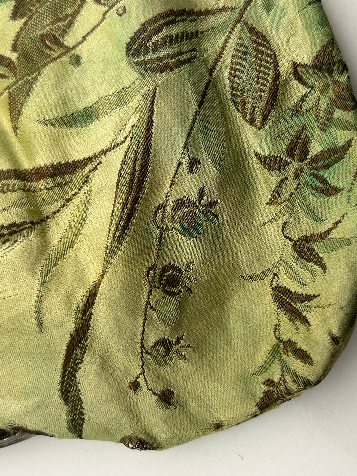 Antique Circa 1900's Victorian/Edwardian Silver Cherub Frame Green Silk jacquard Bag