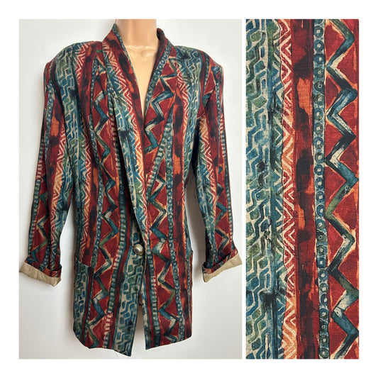 Vintage 1980s RAPHAEL LORENZO Size 12-14 Dark Green & Red Abstract Print Oversized Blazer