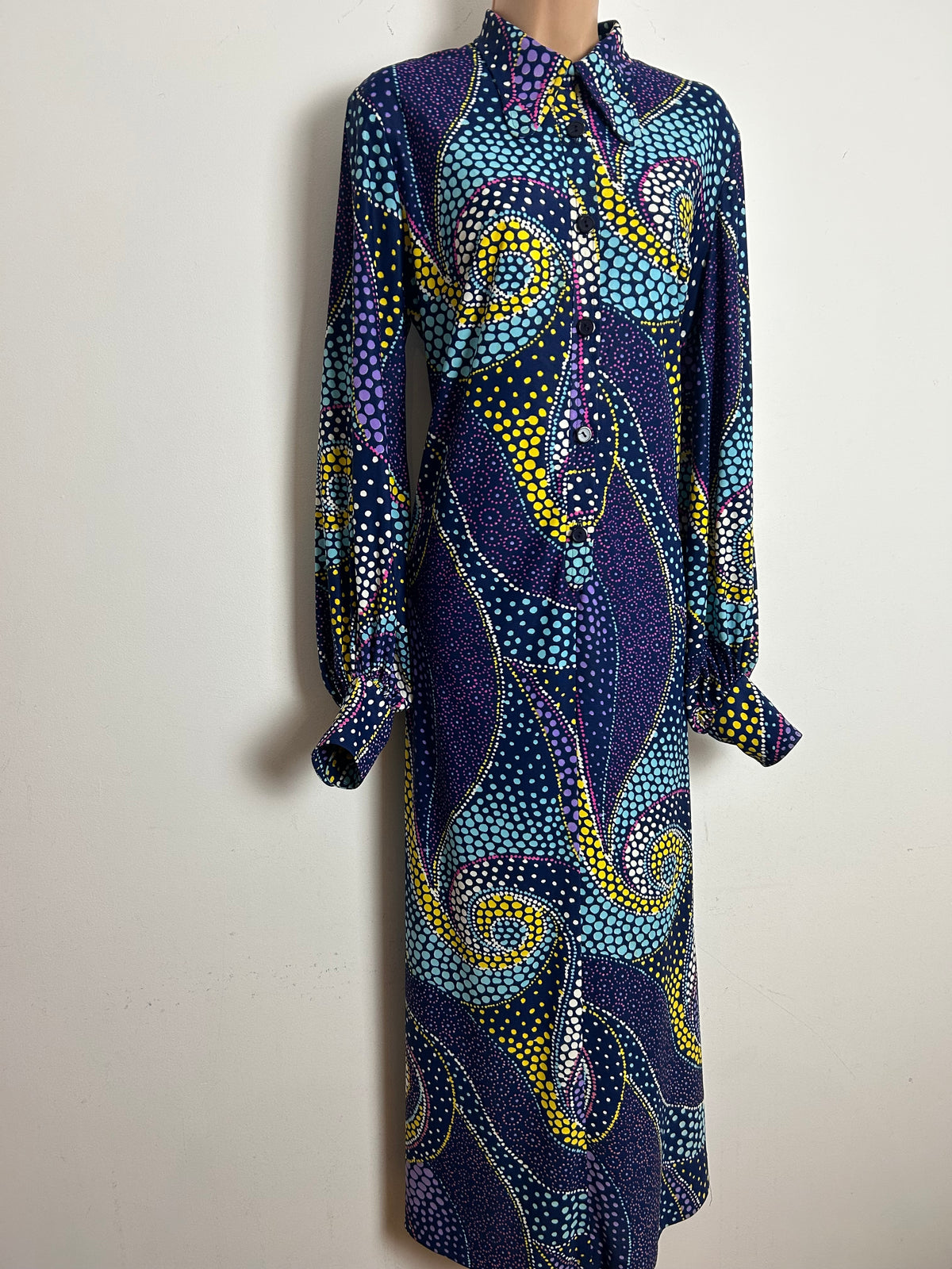 Vintage 1970s DELSWA Size 14-16 Navy Blue Multicoloured Spotty Paisley Print Balloon Sleeve Maxi Dress