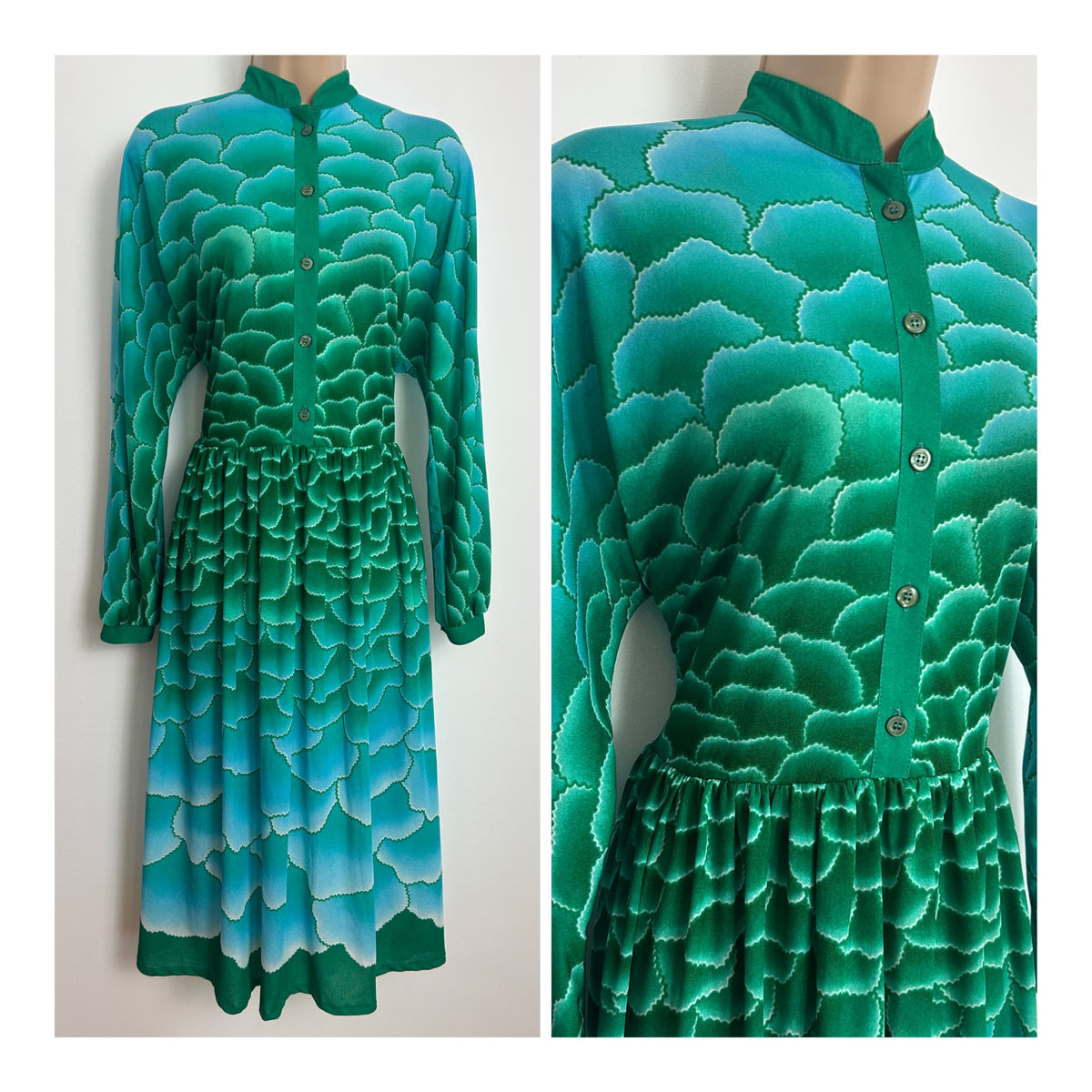 Vintage 1970s Size 12 Green & Blue Tones "Cloud" Effect Print Long Sleeve Day Dress
