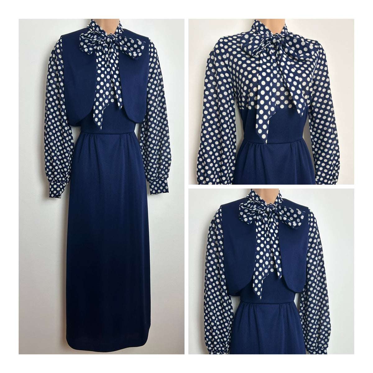 Vintage 1970s BARNABY Size 8 Navy Blue & White Polka Dot Pussy Bow Maxi Dress & Matching Waistcoat