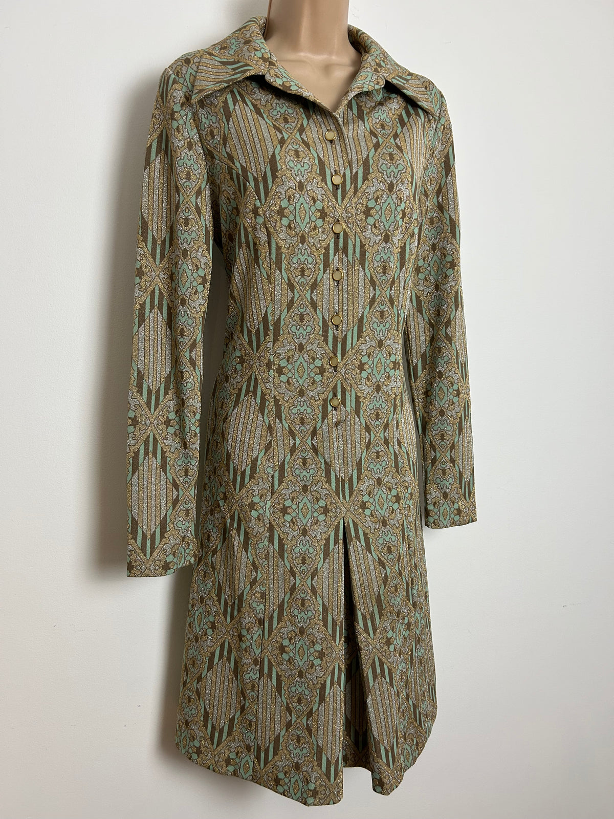 Vintage 1970s Size 12 Brown Mint Green Metallic Gold & Silver Lurex Abstract Stripe Print Long Sleeve Occasion Party Dress