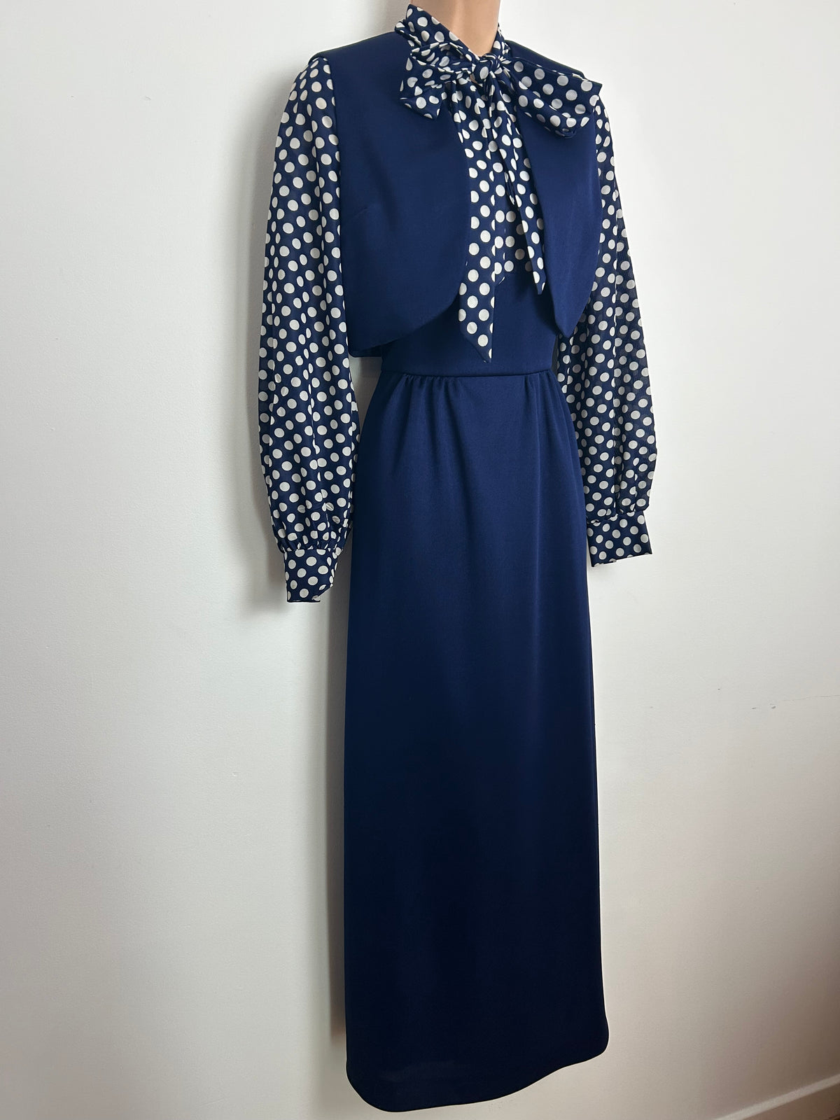 Vintage 1970s BARNABY Size 8 Navy Blue & White Polka Dot Pussy Bow Maxi Dress & Matching Waistcoat