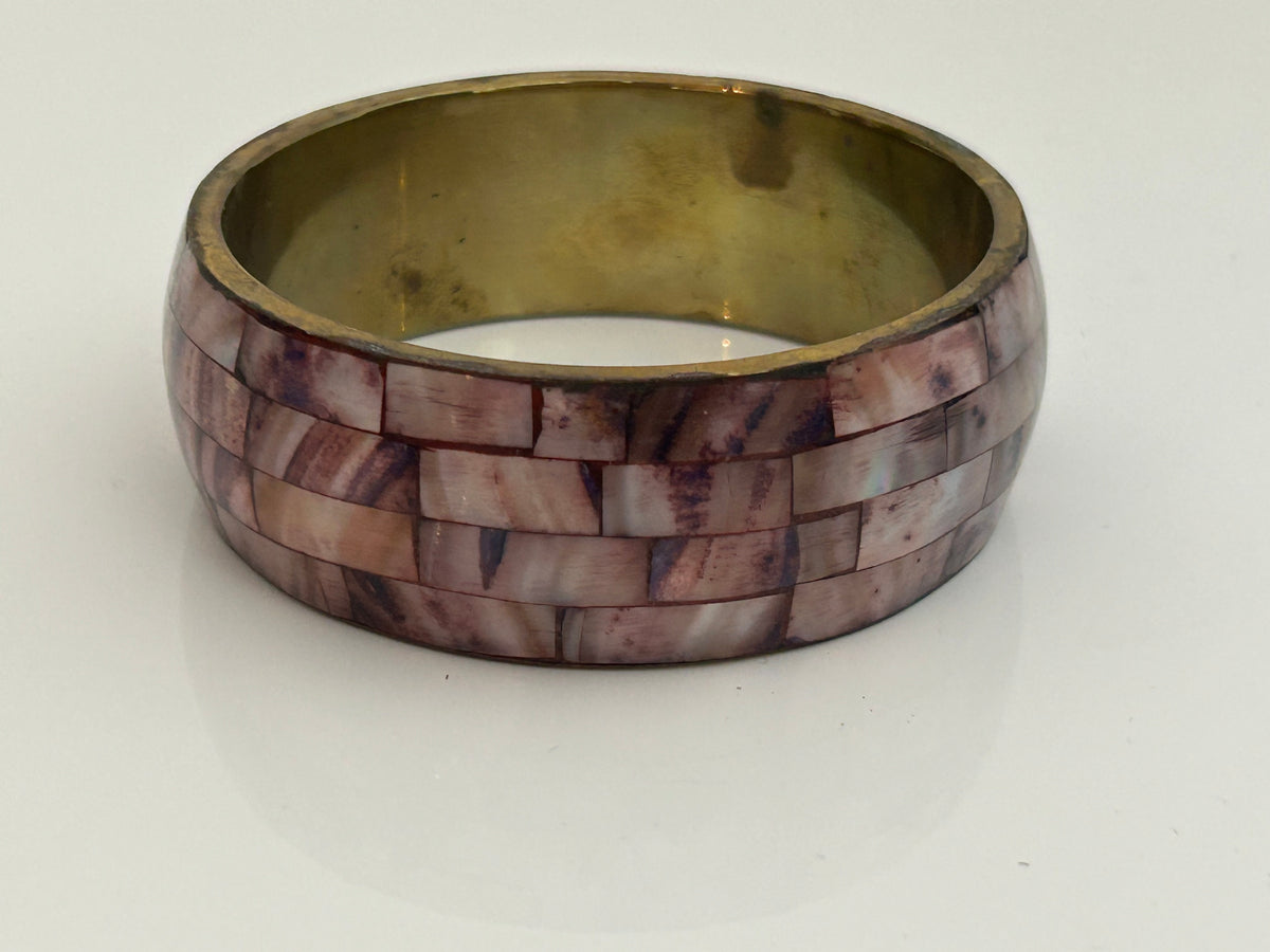 Vintage 1980s Gorgeous Brass With Pink Mother Of Pearl Set Wide Bangle