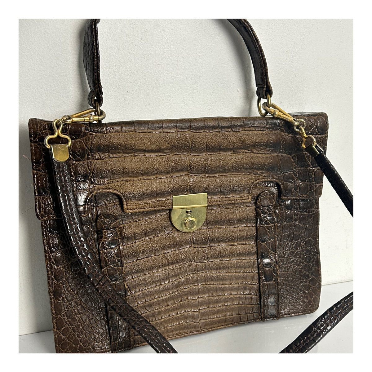 Vintage 1970s Large Brown Real Leather Mock Croc Handbag