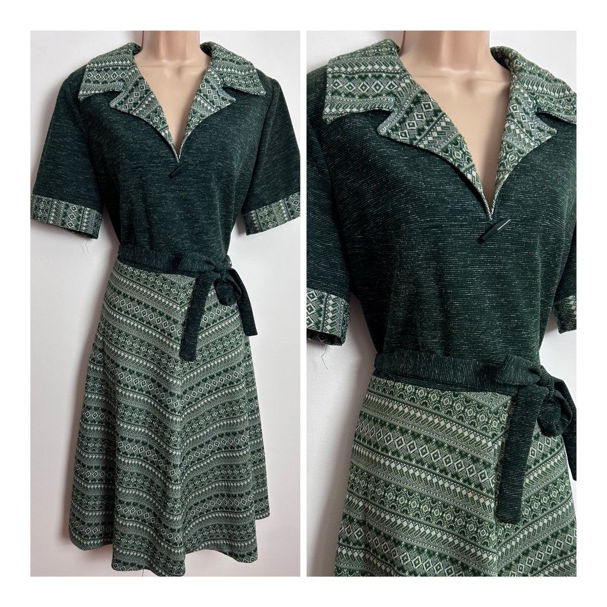 Vintage 1970s C&A UK Size 14 Dark Green & Abstract Print Jersey Double Collared Belted Day Dress