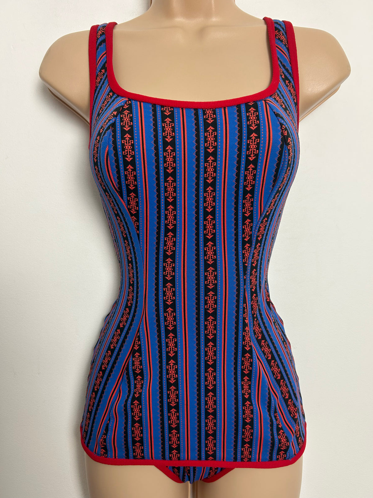 Vintage 1950s HIPPOCAMP Approx Size 12 Blue & Red Abstract Stripe Print Skirted Swimsuit