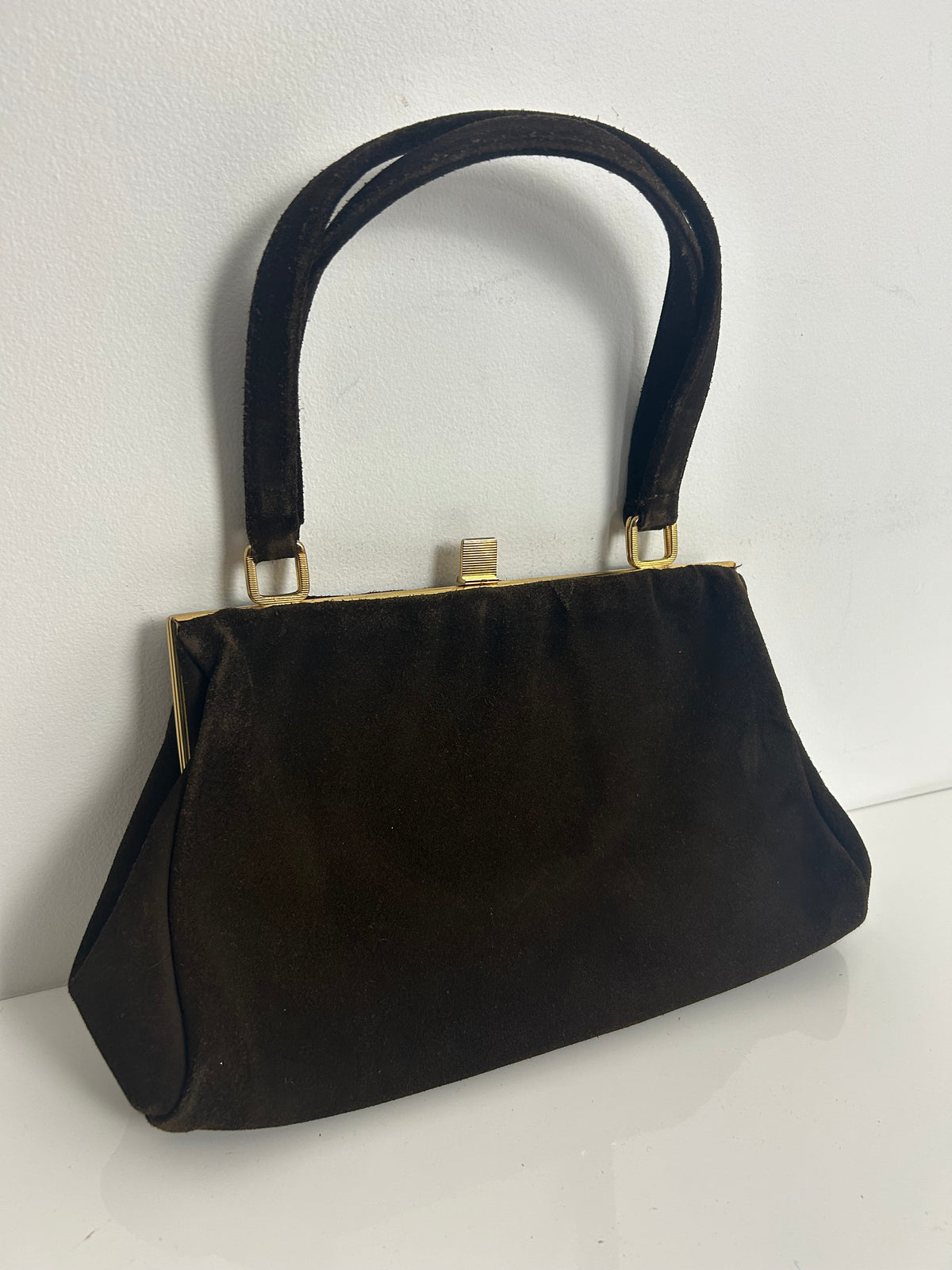 Vintage 1950s Dark Brown Suede Top Handle Handbag Made In London