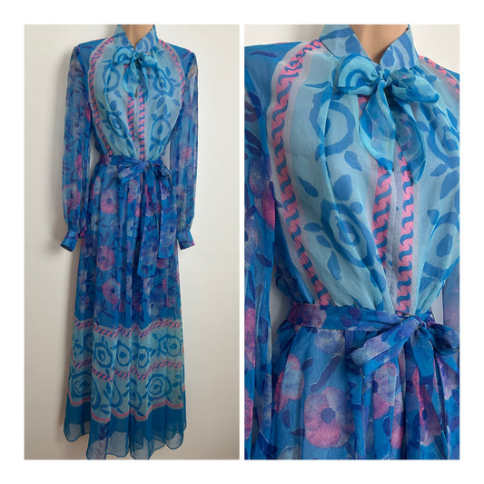 Vintage Late 1970s Size 10 Blue & Pink Floral & Abstract Print Pussy Bow Belted Maxi Dress