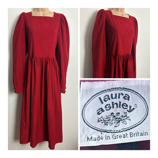 Vintage 1980s LAURA ASHLEY Size 12 (Size 16 On Label) Red & Black Stripe Needlecord Midi Dress