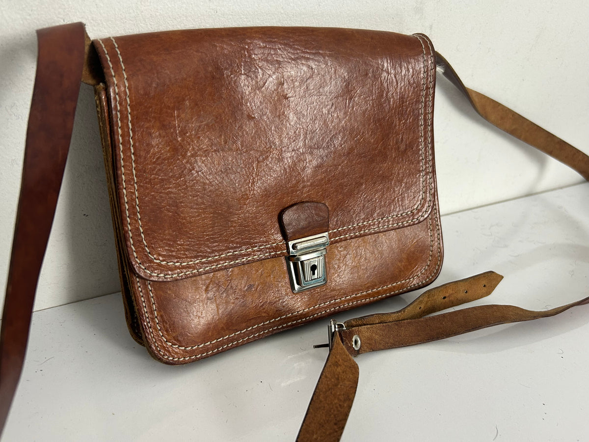 Vintage 1970s Small Tan Brown Mini Satchel Cross Body Bag