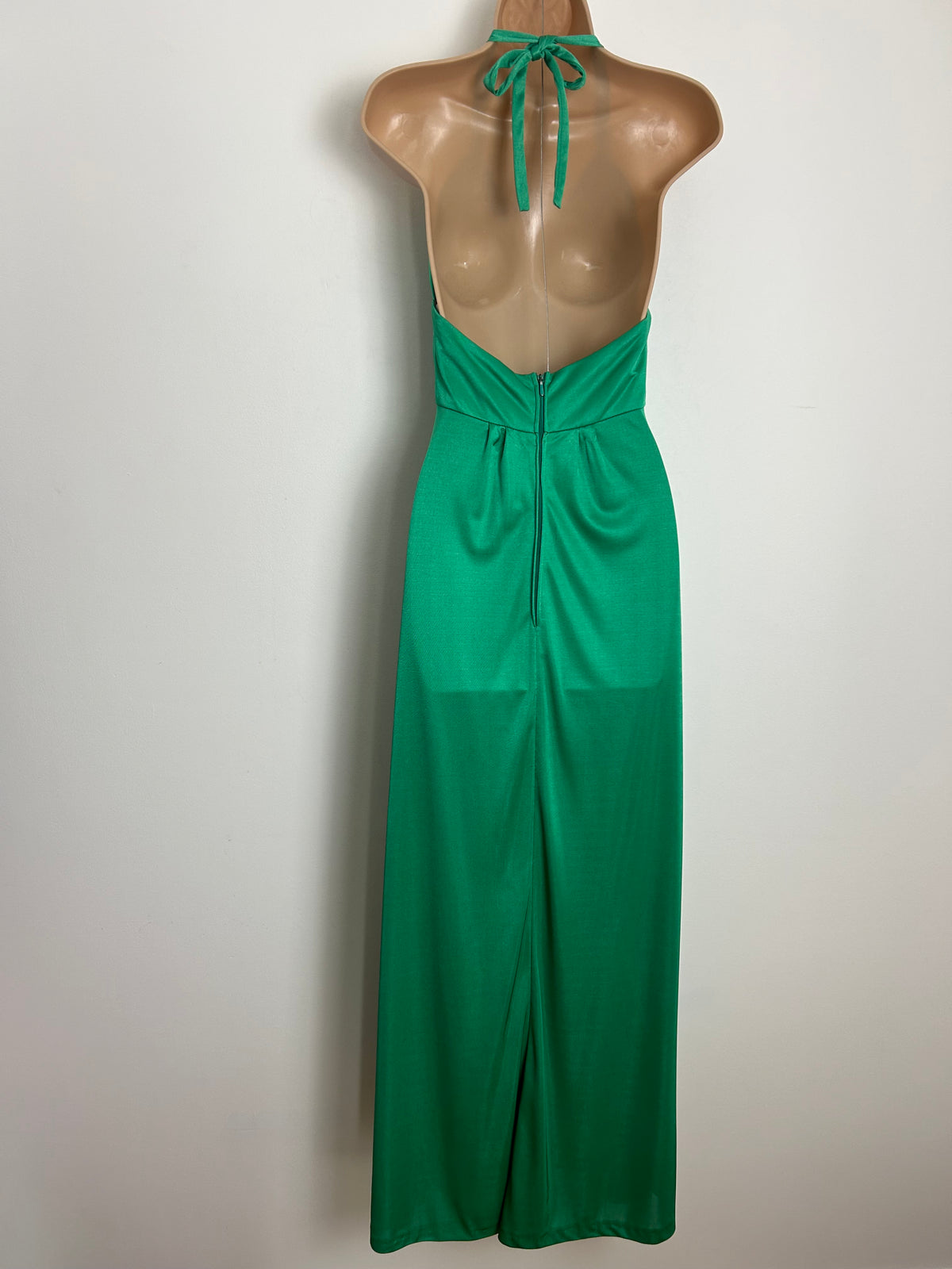 Vintage 1970s BARBARELLA Size 6 Green Shiny Look Halter Neck Summer Occasion Maxi Dress
