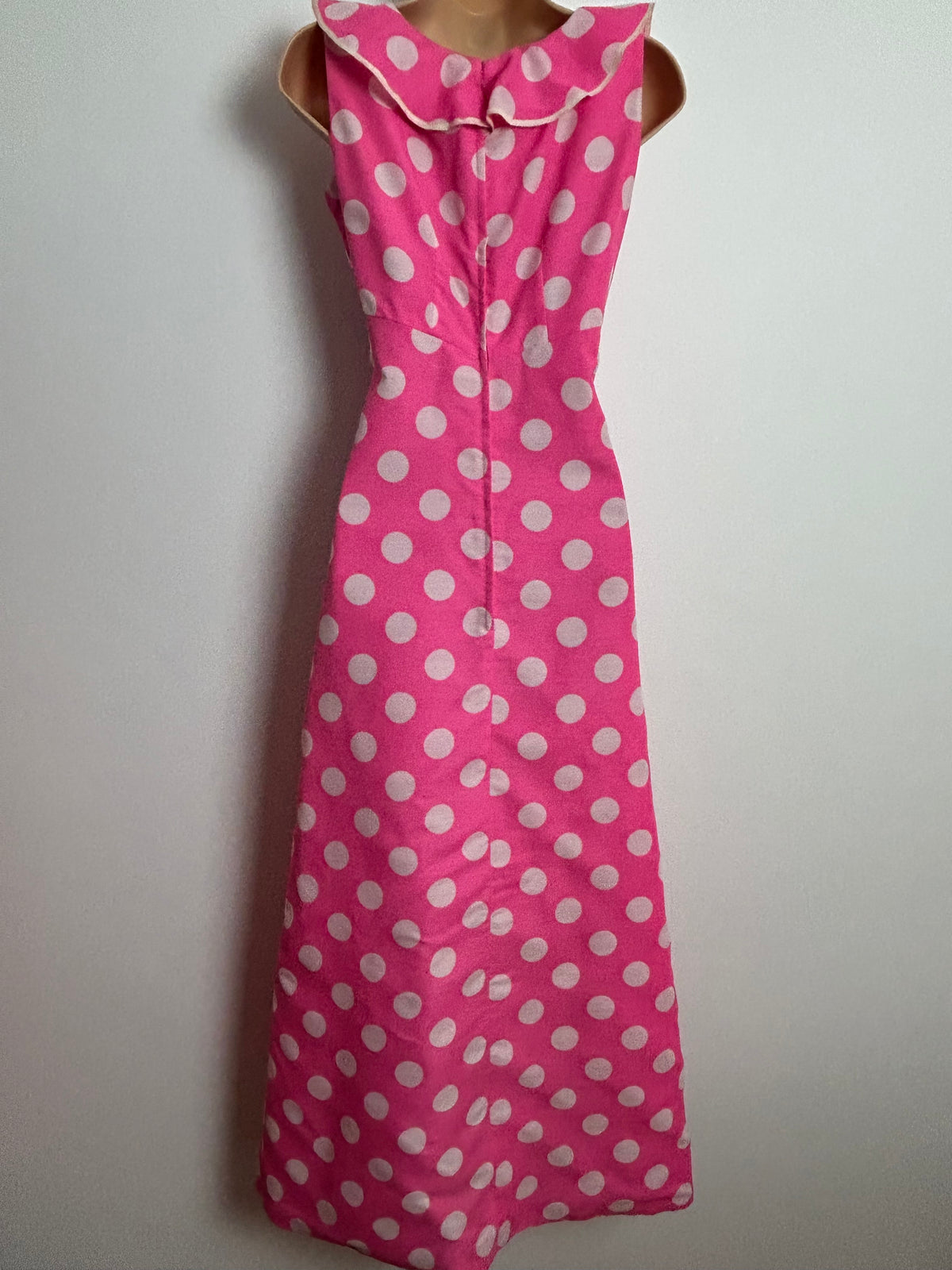 Vintage Early 1970s Size 8 Candy Pink & White Spot Print Ruffle & Bow Detail Sleeveless Maxi Dress