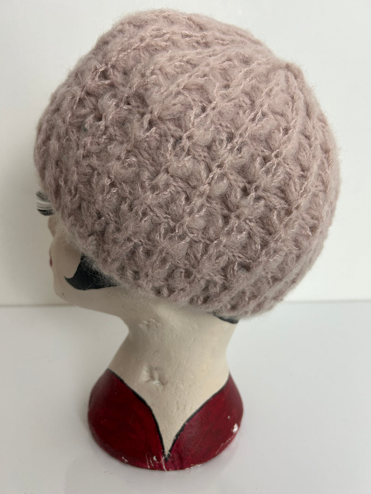 Vintage Pale Nude Pink Wool & Angora Chunky Knit Reversible Beanie/Beret Style Hat