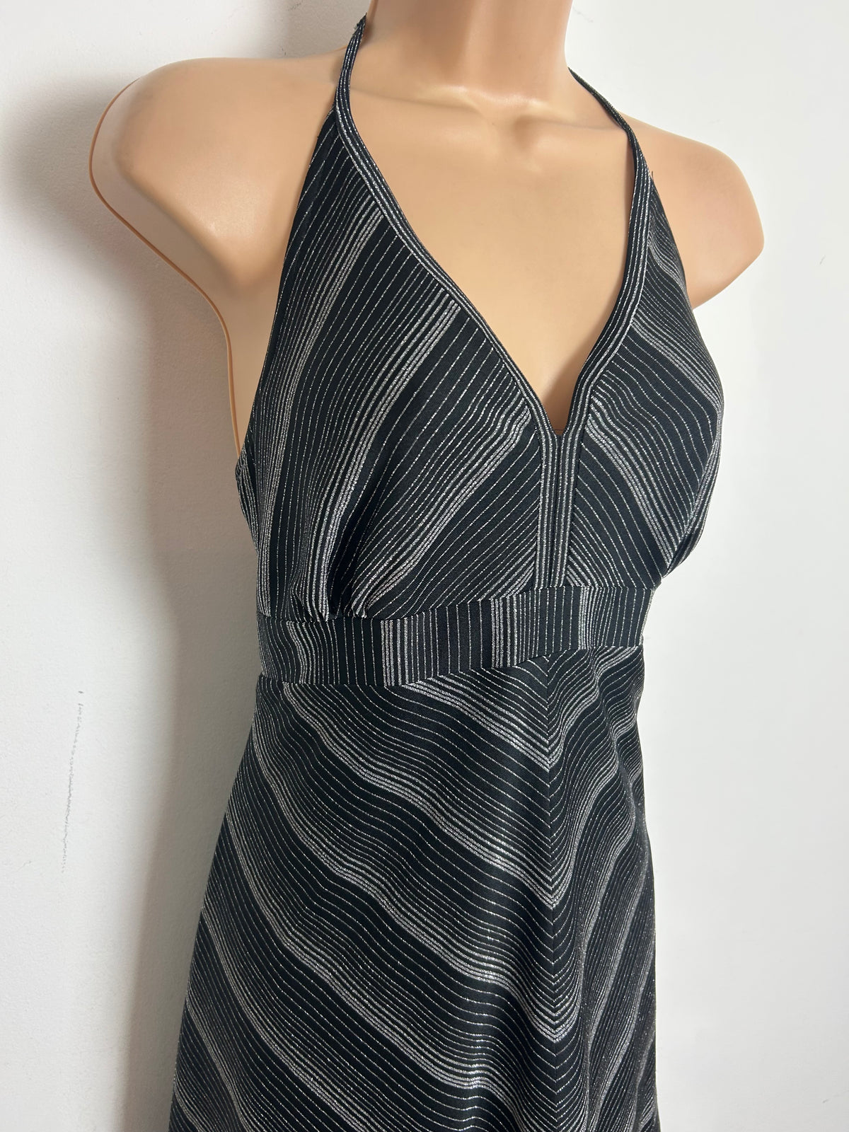 Vintage 1970s Size 10 Black & Silver Chevron Stripe Print Halter Neck Evening Maxi Dress
