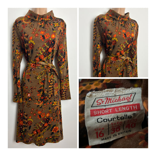 Vintage Early 1970s ST MICHAEL Size 12 Brown & Orange Floral Print Long Sleeve Belted Day Dress