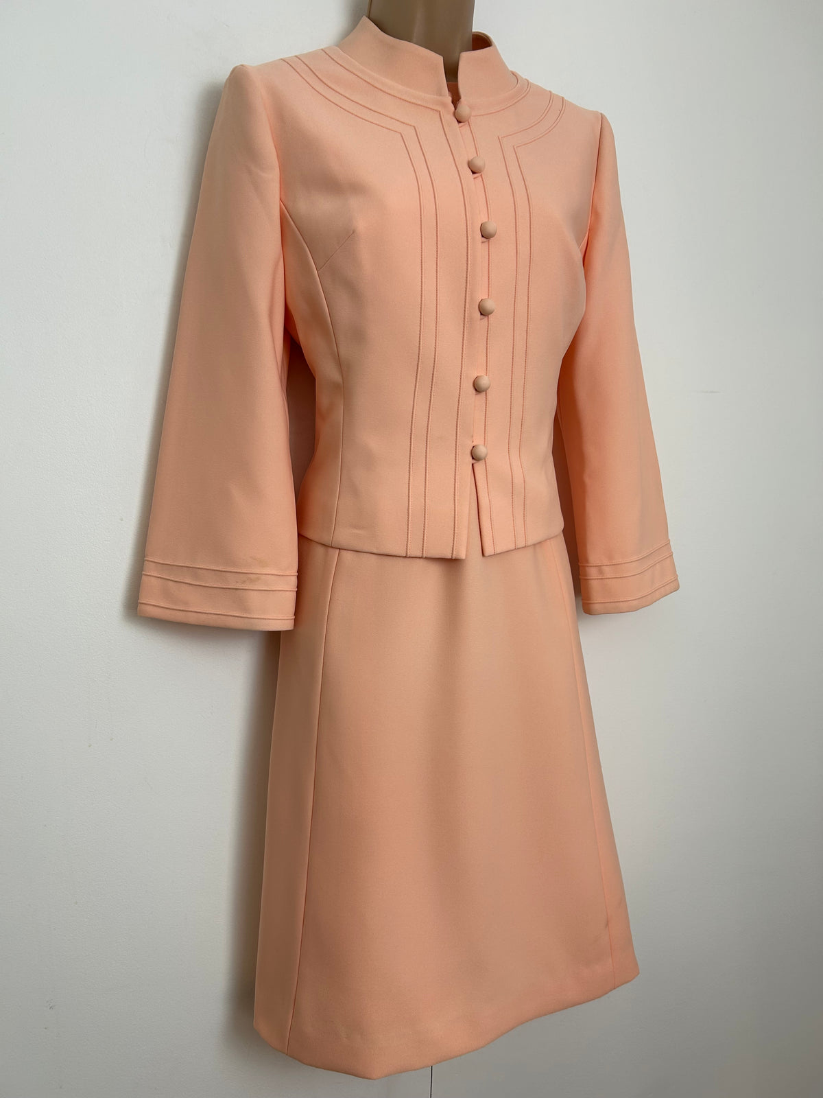 Vintage 1960s PEGGY FRENCH COUTURE Size 10 Peach Pintuck Pleat Detail Mod Dress & Matching Jacket