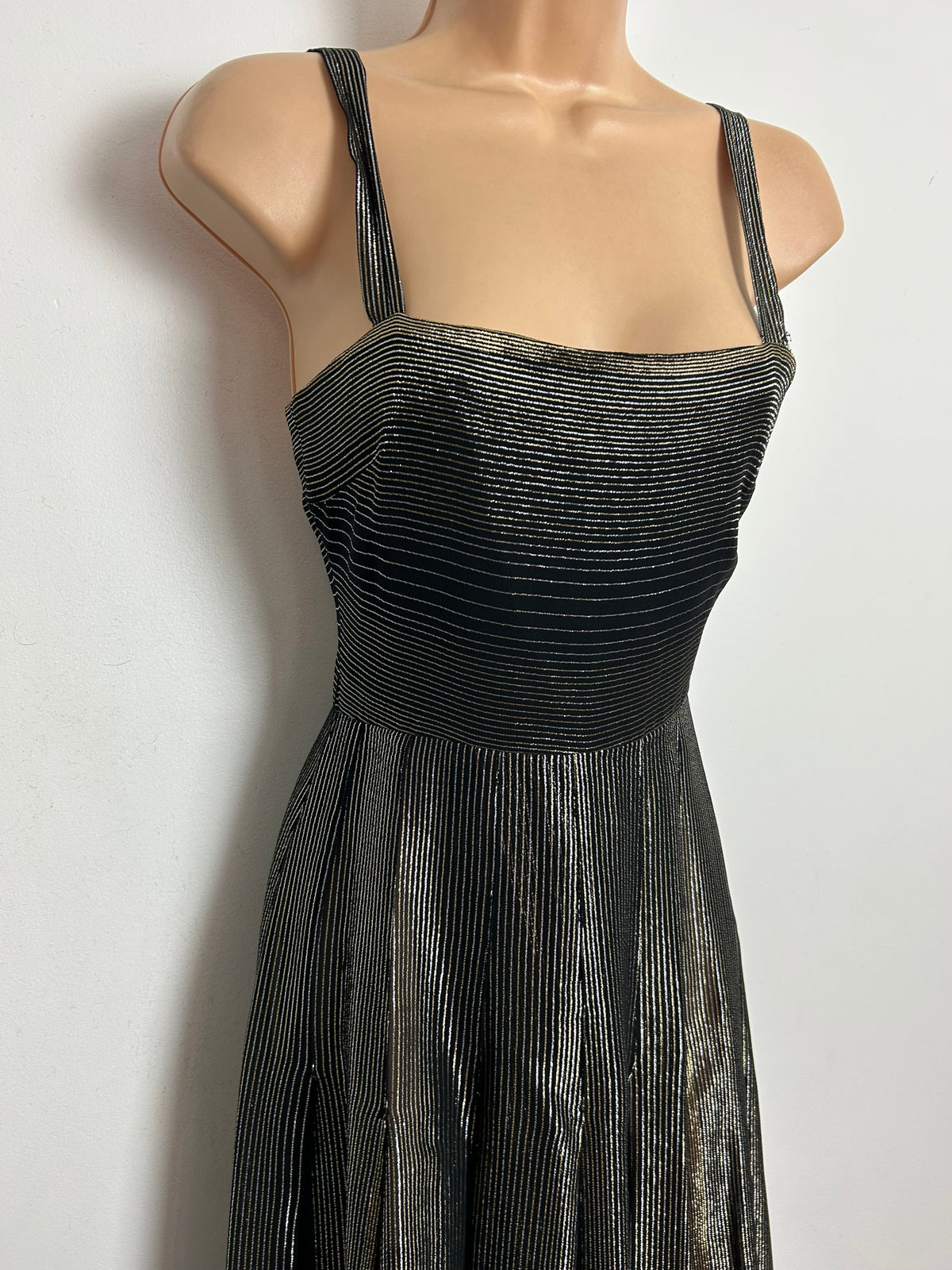 Vintage RARE 1970s SUJON Size 6 Black Pinstripe Lurex Christmas Party Evening Dress