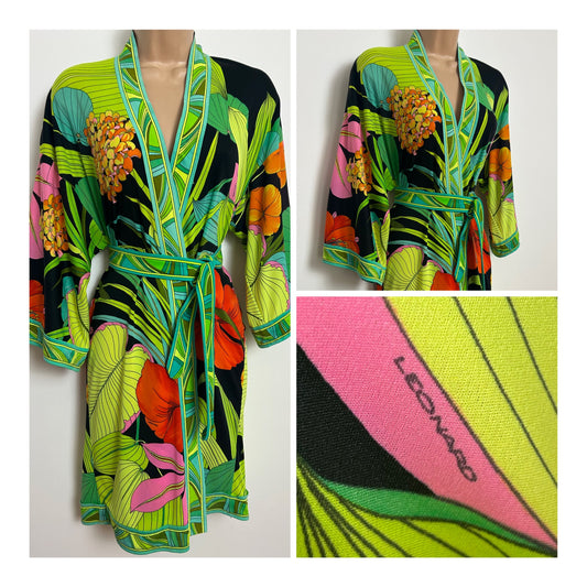 Vintage Late 1970s LEONARD PARIS Size 10-12 Black Green Orange & Pink Tropical Floral Leaf & Border Print Kimono Wrap Or Dress