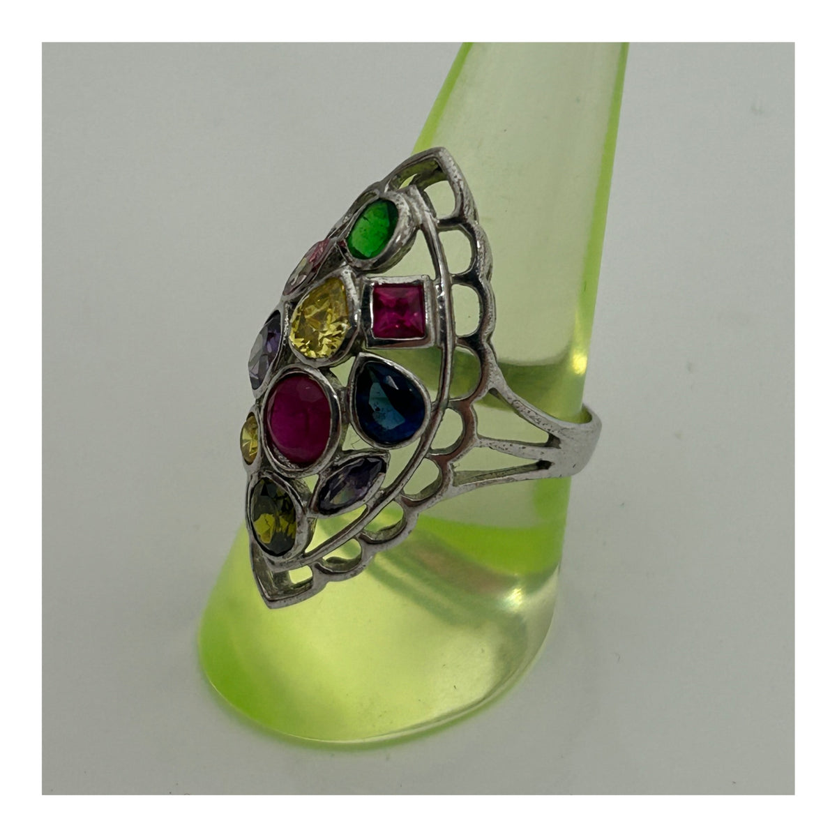 Vintage Beautiful Sterling Silver Multi Coloured Stone Set Cut Out Detail Ring Size O