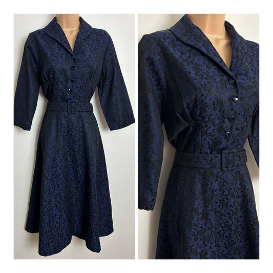 Vintage Late 1950s Size 12 Dark Midnight Blue Floral Jacquard Belted Evening Dress
