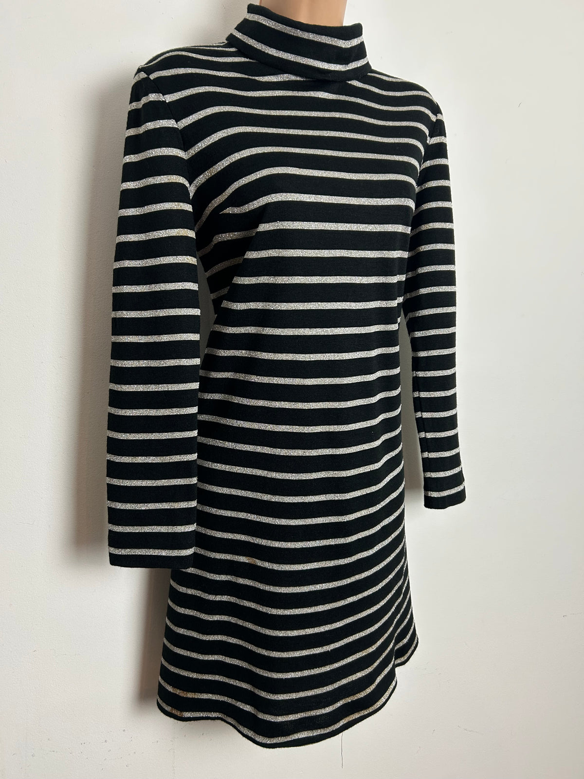Vintage 1970s JOHN MARKS Size 12-14 Black & Silver Lurex Stripe Long Sleeve Shift Dress