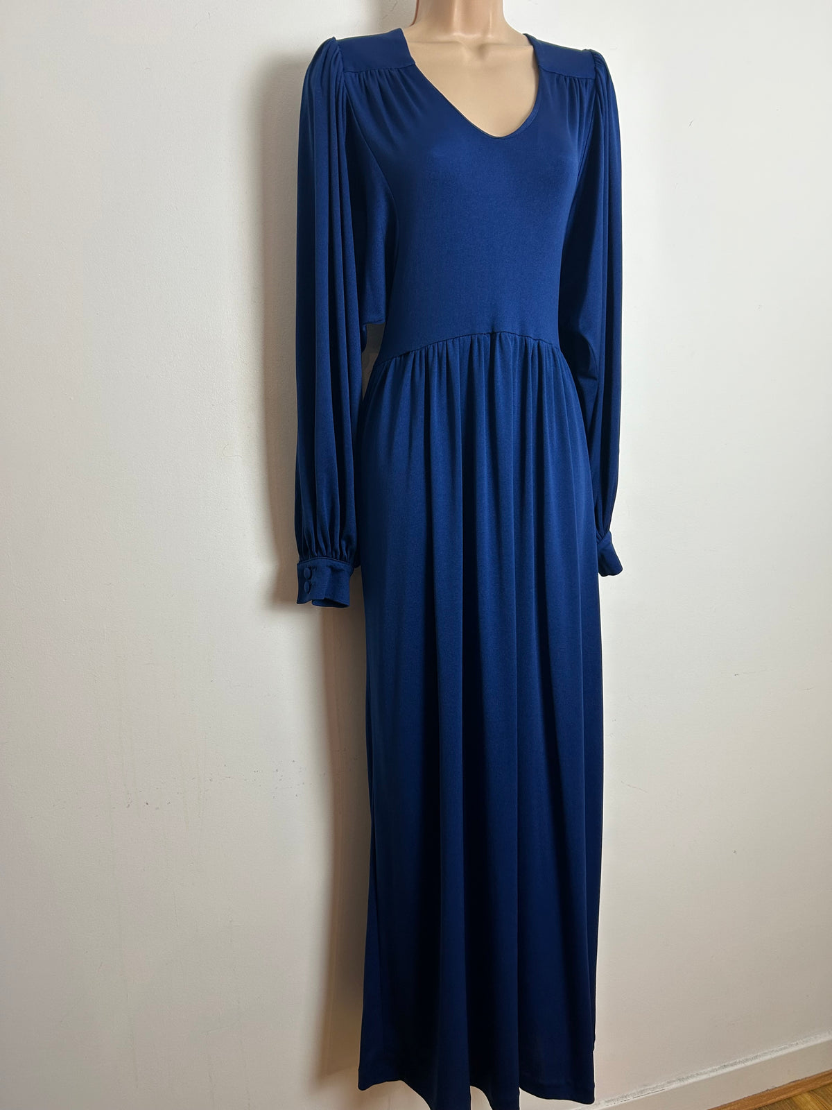 Vintage 1970s EMCAR Size 10-12 Navy Blue Long Billowy Balloon Sleeve Empire Line Maxi Dress