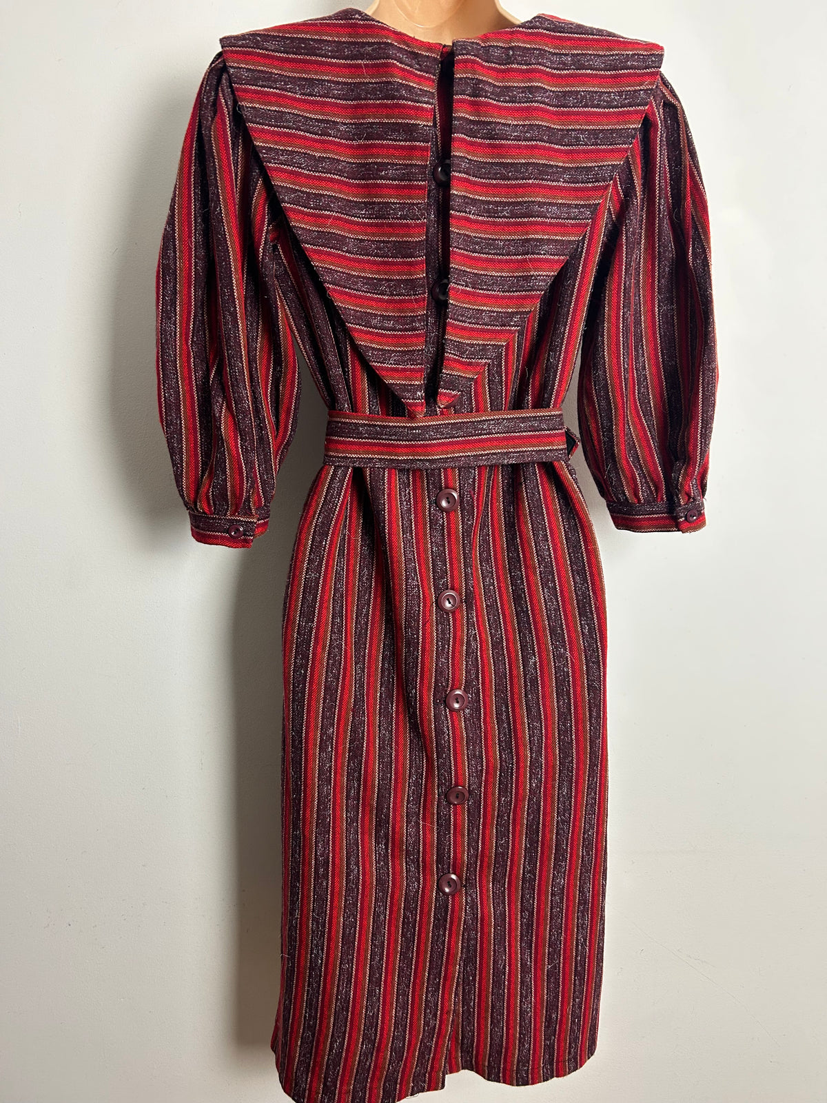 Vintage Early 1980s Size 10 Red & Brown Stripe Wool Mix Long Sleeve Feature Collar Belted Dress